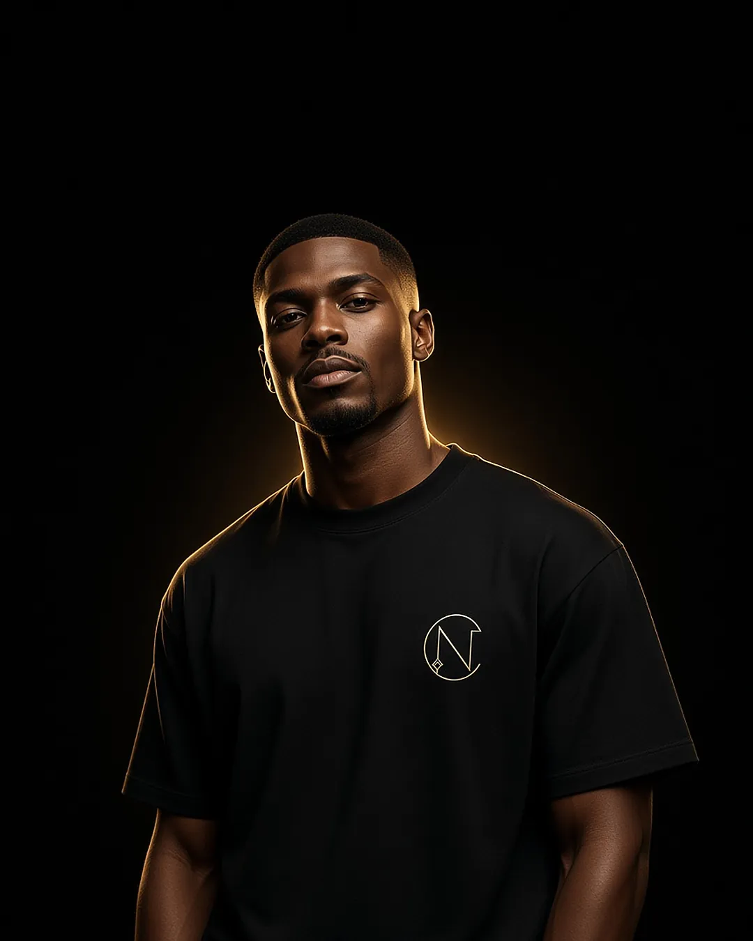 Nuvira Cantono black heavyweight tee with gold monogram